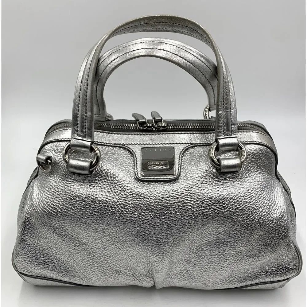 Celine Metallic Silver Pebble Grain Leather Zip Around Soft  Boston Bowler Bag